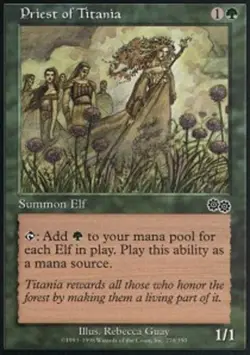 Heavy Play, English MTG Regular Priest of Titania Urza's Saga Magic the Gatherin - Image 1