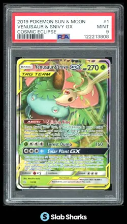 2019 POKEMON SUN & MOON COSMIC ECLIPSE #1/236 VENUSAUR SNIVY GX TAG TEAM PSA 9 - Image 1