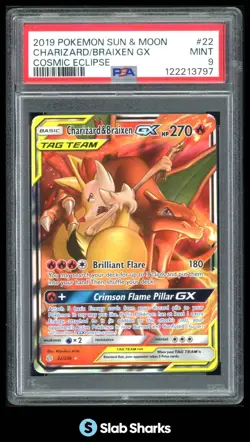 2019 POKEMON SM COSMIC ECLIPSE #22/236 CHARIZARD BRAIXEN GX TAG TEAM PSA 9 - Image 1