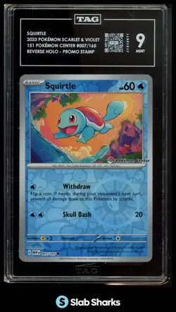 2023 POKEMON SV 151 POKEMON CENTER STAMP #007/165 SQUIRTLE REVERSE HOLO TAG 9 - Image 1