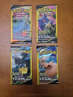 Pokemon Sun and Moon Team Up 3 Card Mini Booster Packs Complete Art Set Lot of 4 - Image 1