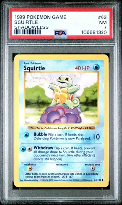 1999 POKEMON BASE SET SHADOWLESS #63 SQUIRTLE PSA 7 - Image 1