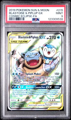 2019 POKEMON SUN & MOON COSMIC ECLIPSE #215 FULL ART/BLASTOISE & PIPLUP GX PSA 9 - Image 1