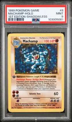 PSA 9 Machamp 1st Edition Shadowless 8/102 Holo Rare Pokemon Base Set MINT - Image 1