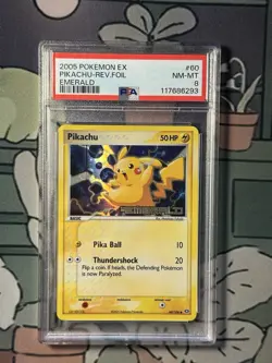 2005 POKEMON EX EMERALD #60 PIKACHU-REVERSE FOIL PSA 8 - Image 1