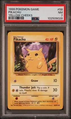 1999 POKEMON BASE SET UNLIMITED YELLOW CHEEKS #58 PIKACHU PSA 7 - Image 1