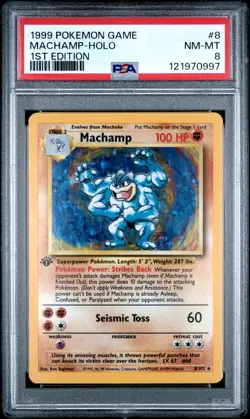 1999 POKEMON GAME 1ST ED #8 MACHAMP-HOLO PSA 8 - Image 1