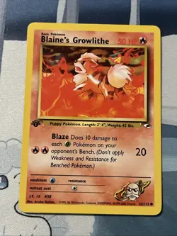 Pokemon Blaine’s Growlithe Card 62/132 Gym Heroes 1st Edition - Image 1