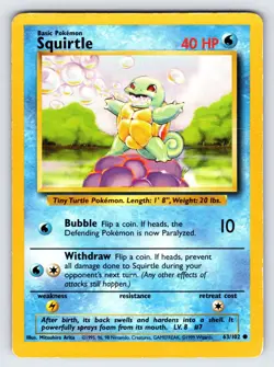 Squirtle 63/102 1999 Base Set Unlimited Pokemon Card WOTC Vintage Common - Mp/Hp - Image 1
