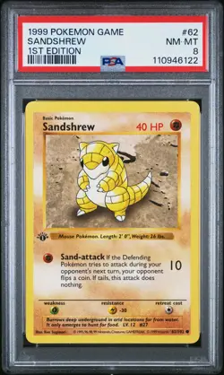 1999 POKEMON BASE SET 1ST EDITION #62 SANDSHREW PSA 8 - Image 1