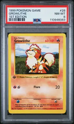 1999 POKEMON BASE SET 1ST EDITION #28 GROWLITHE PSA 8 - Image 1