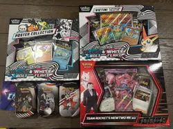 Pokemon Sealed Lot - Mewtwo Ex Box, Victini Illustration, Unova Poster & 3 Tins - Image 1