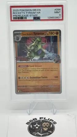 2025 POKEMON DESTINED RIVALS PRERELEASE-STAFF TEAM ROCKET'S TYRANITAR PSA 9 - Image 1