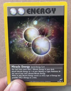 Vintage MIRACLE ENERGY Pokemon Card Holo Neo Destiny 2000 16/105 HOLO Swirl - Image 3