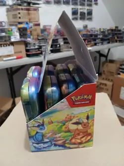 Pokemon TCG Prismatic Evolutions Set Of 8 Sealed Mini Tins W Open Display Box - Image 3
