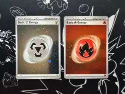 Pokemon TCG S&V 151 Holo Fire+Metal Energy HD Swirl Galaxy Cosmo Foil (2 Cards) - Image 1