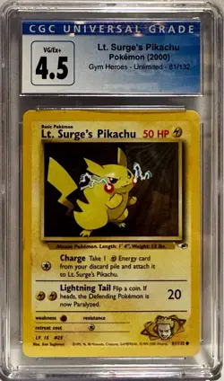 CGC 4.5 Pikachu Lt Surge's 81/132 Pokemon 2000 Unlimited gym Heroes - Image 1
