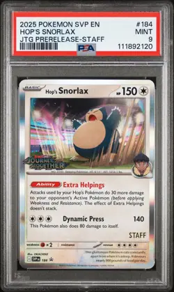 2025 Pokemon Journey Together Prerelease 184 STAFF PSA Mint 9 -HOP'S SNORLAX - Image 1