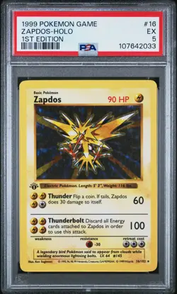 1999 POKEMON BASE SET 1ST EDITION #16 ZAPDOS-HOLO PSA 5 - Image 1