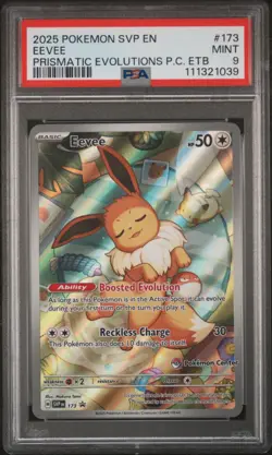 2025 POKEMON PRISMATIC EVOLUTIONS POKEMON CENTER ETB SVP PROMO #173 EEVEE PSA 9 - Image 1