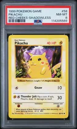 1999 POKEMON BASE SET SHADOWLESS RED CHEEKS-#58 PIKACHU PSA 8 - Image 1