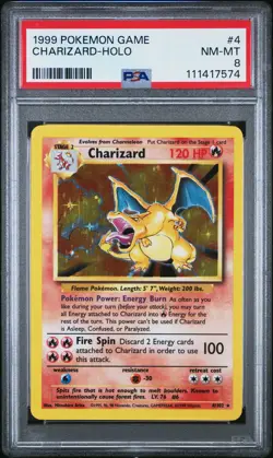 1999 POKEMON BASE SET UNLIMITED #4 CHARIZARD-HOLO PSA 8 - Image 1