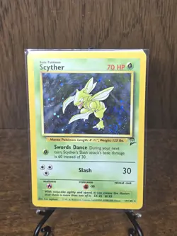 Pokemon Scyther 017/130 Base Set 2 Holo Rare card, near mint condition - Image 1