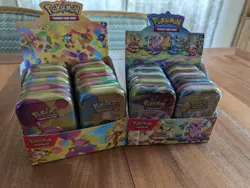 Pokemon 151 & Prismatic Evolutions Empty Mini Tin Displays W/ Cards & Coins - Image 1