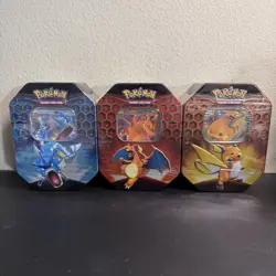 Pokemon Hidden Fates GX Tins Art Set of 3 Full Sealed Charizard Raichu Gyarados - Image 1