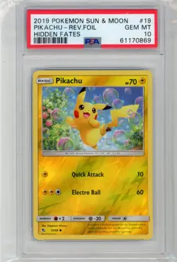 2019 Pokemon Sun & Moon Pikachu Hidden Fates Rev Foil Card PSA 10 - Image 1