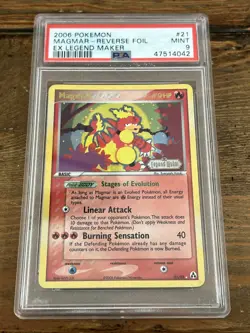 Magmar 21/92 EX Legend Maker Rev. Stamped Pokemon Card 2006. PSA MINT 9, POP 54 - Image 1