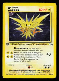Zapdos 15/62 Holo Rare 1st Edition Fossil Pokemon Card - Image 1