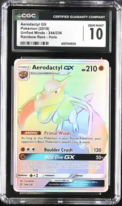 ✨✨✨ CGC 10 Aerodactyl GX Holo Card 244/236 Rainbow Rare Pokemon Unified Minds - Image 1