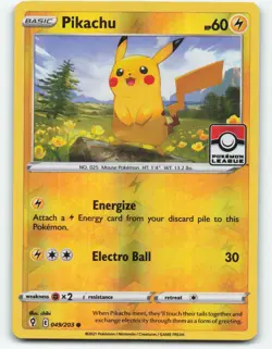 Pikachu 49/203 Reverse holo Pokemon Legue stamp card - Image 1