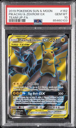 2019 POKEMON SUN & MOON TEAM UP #162 FULL ART/PIKACHU & ZEKROM GX PSA 10 - Image 1