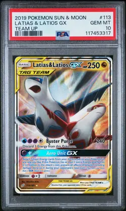 2019 POKEMON SUN & MOON TEAM UP #113 LATIAS & LATIOS GX PSA 10 - Image 1