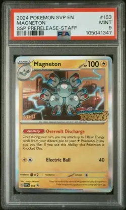 PSA 9 Magneton Preelease Staff Holo #153 2024 Surging Sparks Pokemon Card - Image 1