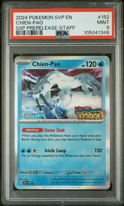 PSA 9 Chien-Pao Prerelease Staff Holo #152 2024 Surging Sparks Pokemon Card - Image 1