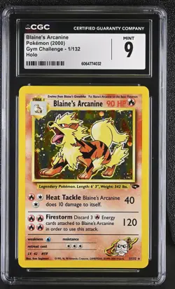 CGC 9 MINT Blaine's Arcanine 2000 Gym Challenge 1/132 Holo Pokemon Card - Image 1