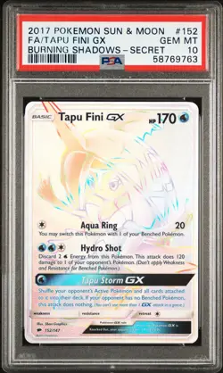 2017 POKEMON SUN & MOON BURNING SHADOWS SECRET #152 FULL ART/TAPU FINI GX PSA 10 - Image 1