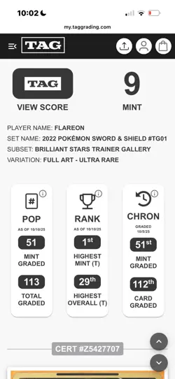 2022 POKEMON BRILLIANT STARS #TG01/TG30 FLAREON FULL ART TRAINER GALLERY TAG 9 - Image 2