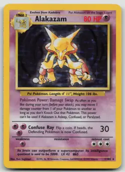 Pokemon TCG Alakazam Base Set Holo Card 1/102 Unlimited Holo Rare, LP Condition - Image 1