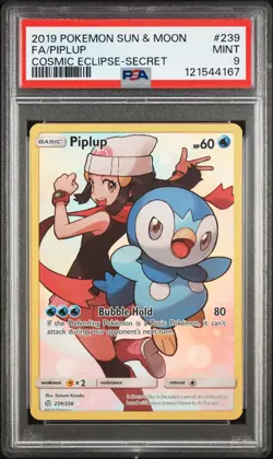 2019 POKEMON SUN & MOON COSMIC ECLIPSE SECRET #239 FULL ART/PIPLUP PSA 9 - Image 1