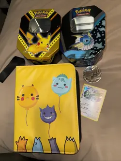 Pokemon Card Binder With Cards With 51 Cards 1 Coin 2 Empty Tins Binder Is Used - Image 1