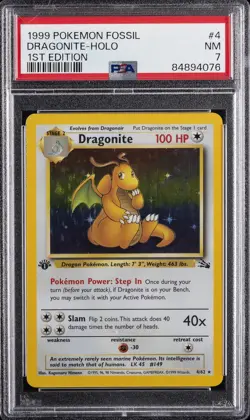 1999 POKEMON FOSSIL 1ST ED #4 DRAGONITE-HOLO PSA 7 - Image 1