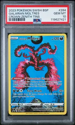 PSA 10 Galarian Moltres #284 Black Star Promo 2023 Pokemon SwSh Crown Zenith Tin - Image 1