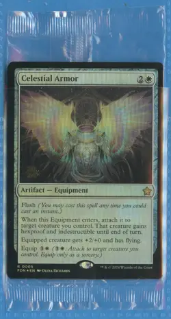 MTG: PreRelease Promo: Foundations: Celestial Armor: FOIL: STILL SEALED - Image 1