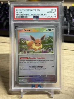 PSA 10 Pokemon Prismatic Evolutions Eevee Master Ball Reverse Holo #074 - Image 1