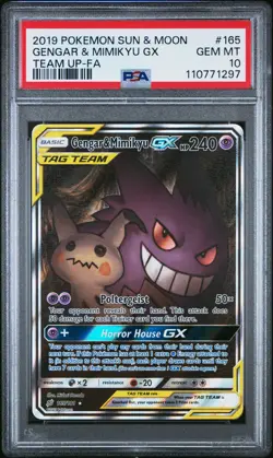 2019 POKEMON SUN & MOON TEAM UP #165 FULL ART/GENGAR & MIMIKYU GX PSA 10 - Image 1