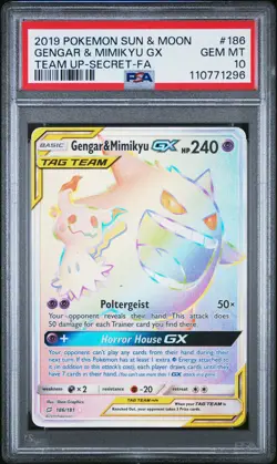2019 POKEMON SUN & MOON TEAM UP SECRET #186 FULL ART/GENGAR & MIMIKYU GX PSA 10 - Image 1